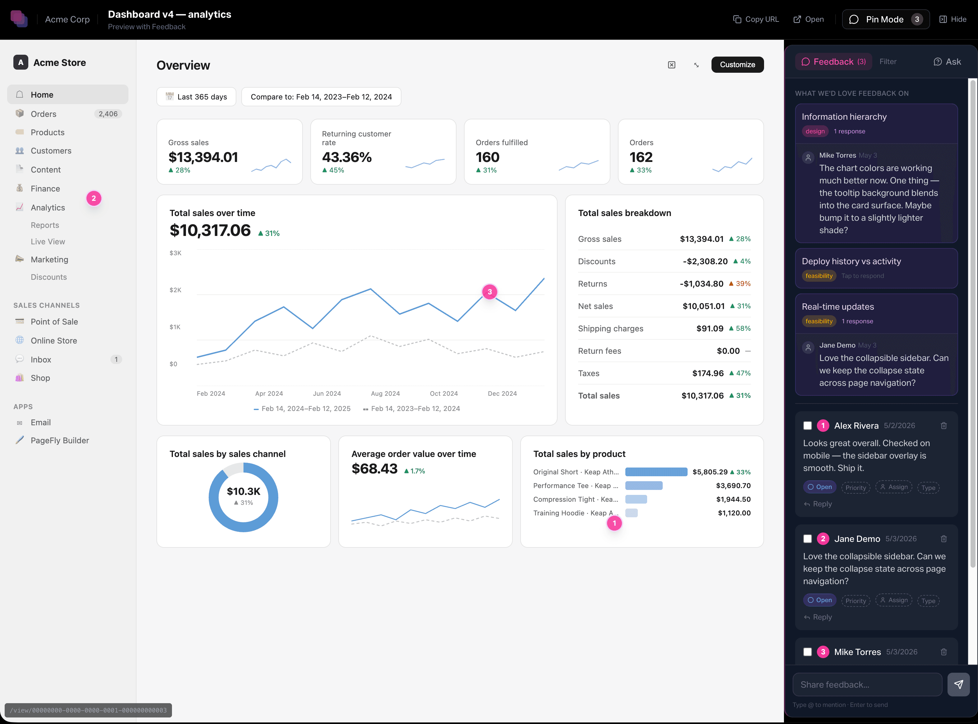 A stakeholder pinning feedback directly on a live prototype — threaded, attributable, no account required